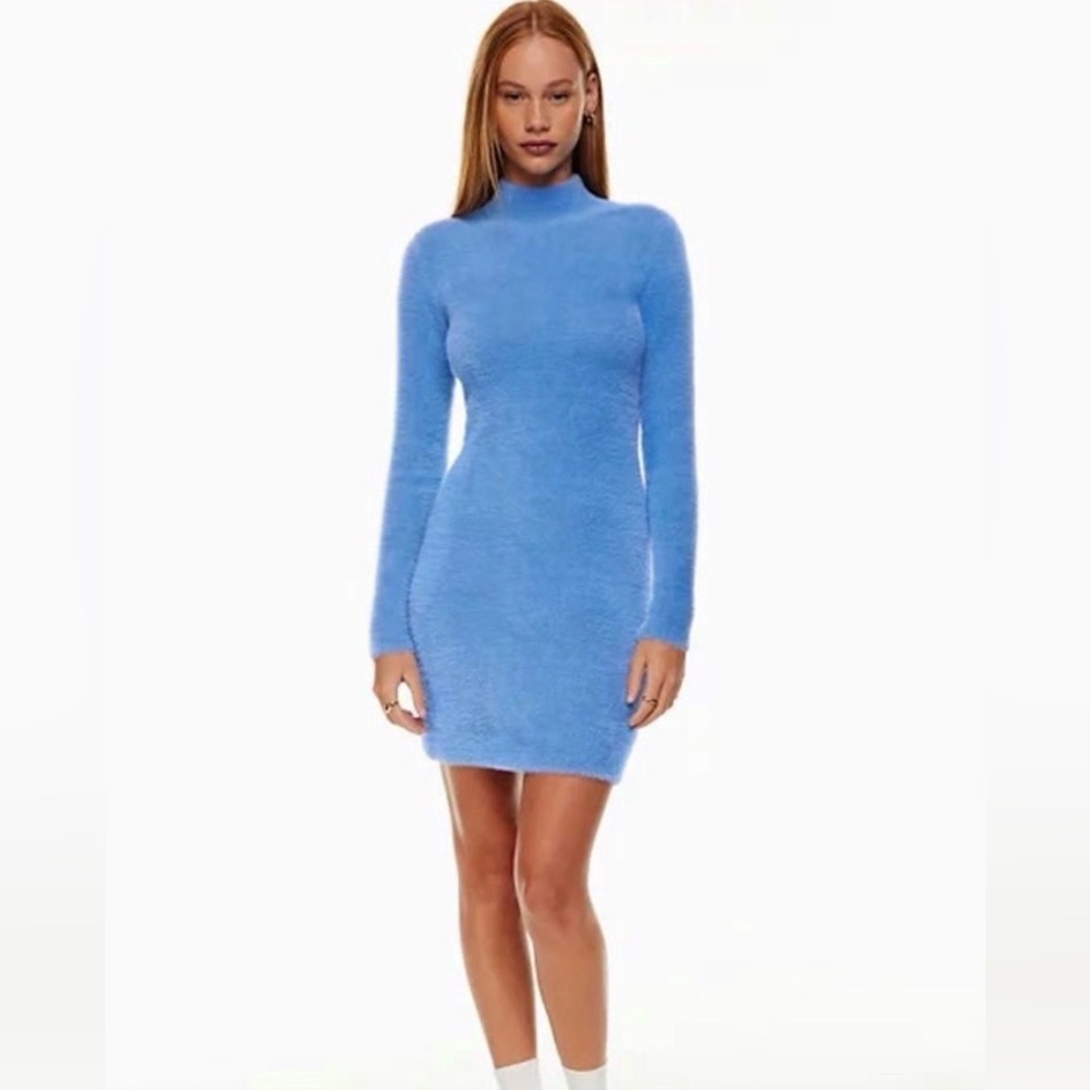 Aritzia Sunday Best Sz XL Milan Blue Fuzzy High Collar Bodycon Dress